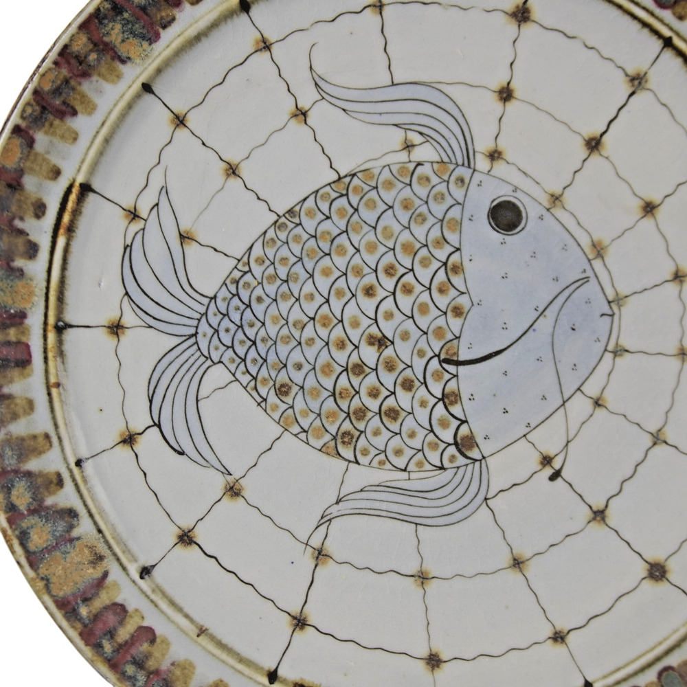 VINTAGE MEXICO STUDIO POTTERY FISH PLATE 11” SIGNED MODERNIST CRACKED AS IS - Picture 3 of 10